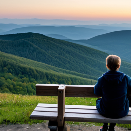 Home 8 A person in modest, comfortable outdoor clothing, seated peacefully on a sturdy wooden bench, observing a panoramic view of an untouched, serene mountainous landscape at dusk in the Polish Bieszczady region. Stars begin to emerge in the clear sky, emphasizing a profound sense of quiet and digital detox. The setting conveys raw natural beauty and a contemplative atmosphere, focusing on reconnection with nature. Subject is fully clothed, appropriate attire, safe for work, perfect anatomy, correct proportions, natural pose, professional photography, high quality, family-friendly content.