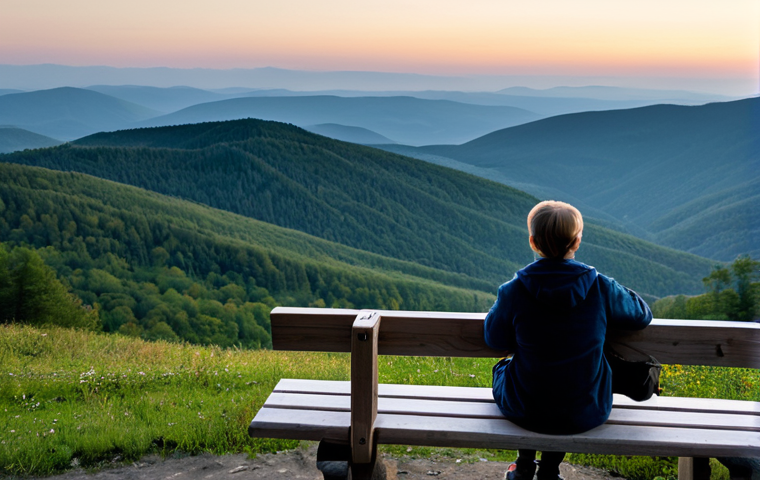 A person in modest, comfortable outdoor clothing, seated peacefully on a sturdy wooden bench, observing a panoramic view of an untouched, serene mountainous landscape at dusk in the Polish Bieszczady region. Stars begin to emerge in the clear sky, emphasizing a profound sense of quiet and digital detox. The setting conveys raw natural beauty and a contemplative atmosphere, focusing on reconnection with nature. Subject is fully clothed, appropriate attire, safe for work, perfect anatomy, correct proportions, natural pose, professional photography, high quality, family-friendly content.